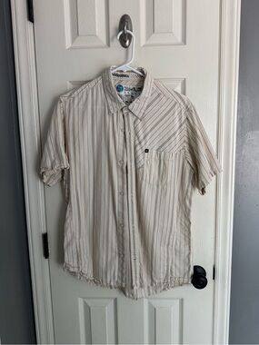 Quiksilver Beige and Tan Striped Short-Sleeve Button-Down Shirt